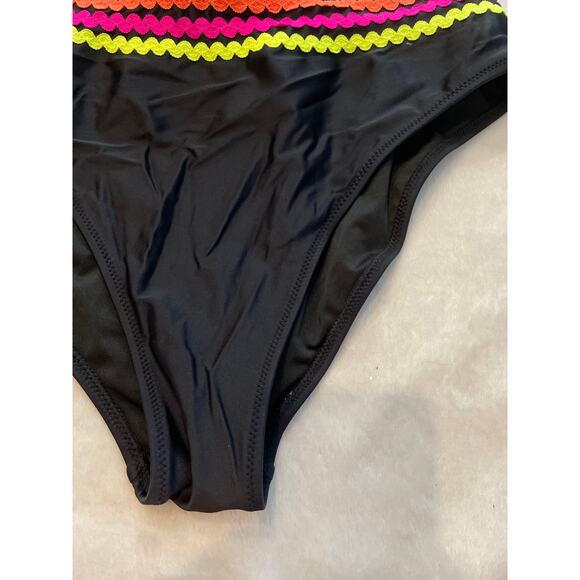 NWT POPVIL High Waisted Cut Cheeky Two Piece Swimsuit Medium Black Neon Shell - Picture 6 of 14